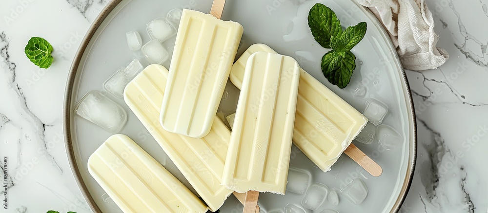 Poster Top view of a plate with lime yogurt popsicles displaying against a marble background with copy space image is available