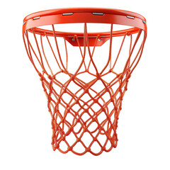 A close-up shot of an orange basketball net, capturing its intricate woven design. The net is ready to receive a perfect shot.