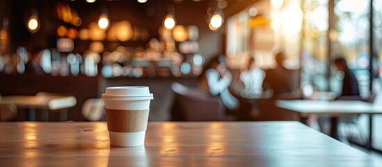Modern coffee house ambiance with blurred restaurant patrons in the background creating an inviting copy space image