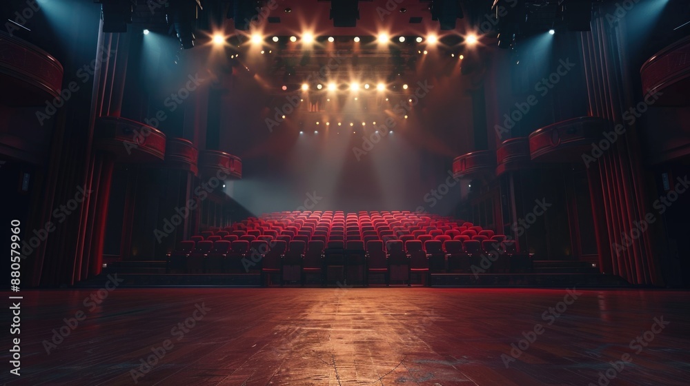 Poster A shot of an empty theater with red seats and spotlights, perfect for use in a presentation or as a background image