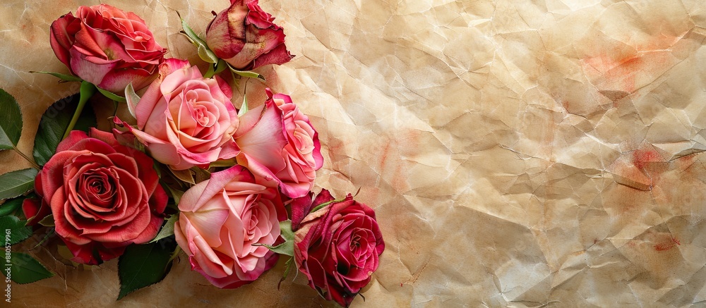 Aufkleber Beautiful display of red and pink roses on vintage paper with an empty space for adding a personalized touch ideal for a copy space image