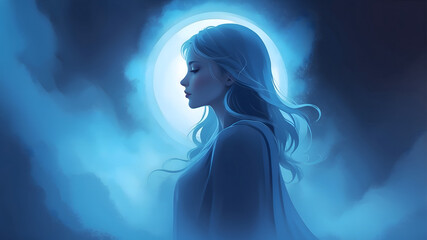 Fototapeta premium Surreal woman meditating peacefully under a blue background