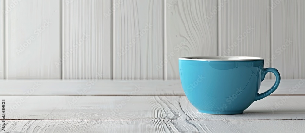 Poster a blue coffee cup sits on a white wooden table in a pleasant arrangement leaving room for additional