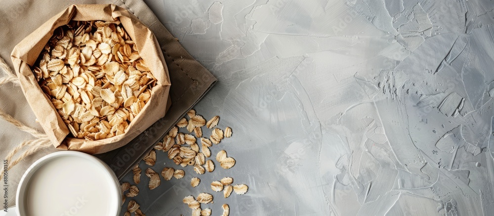 Poster natural oat flakes in an eco friendly paper bag on a linen background with copy space image accompan