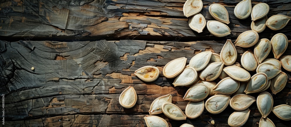 Poster an array of pumpkin seeds laid out on a vintage wooden table with ample copy space for text or desig