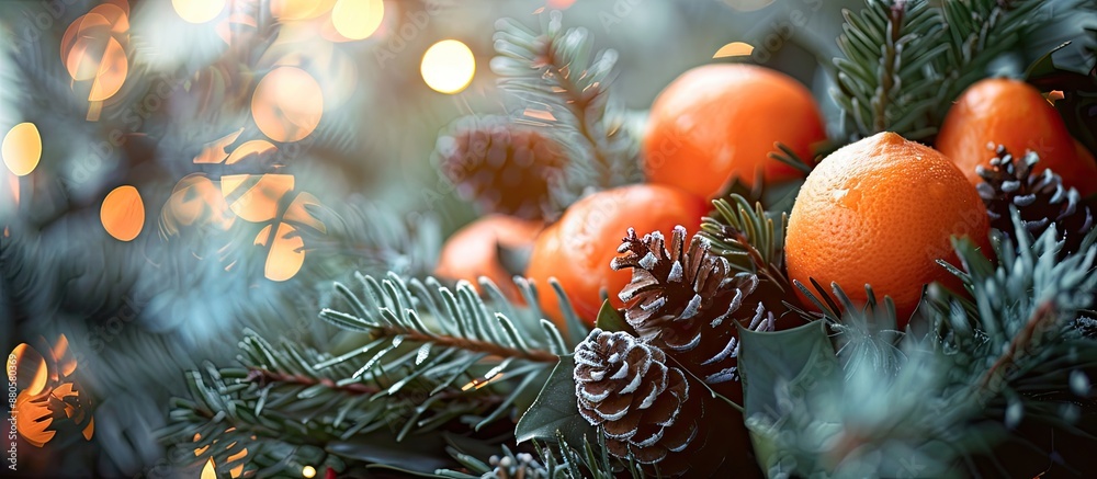 Poster Winter themed background featuring tangerines a fir branch wreath and selective focus for copy space image during Christmas and New Year celebrations