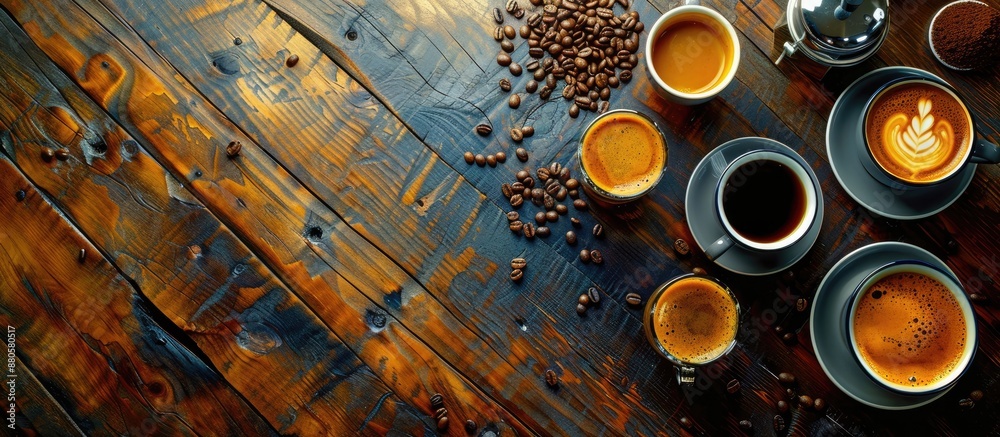 Poster morning coffee options like espresso or americano with a backdrop of various coffee grains on the ta