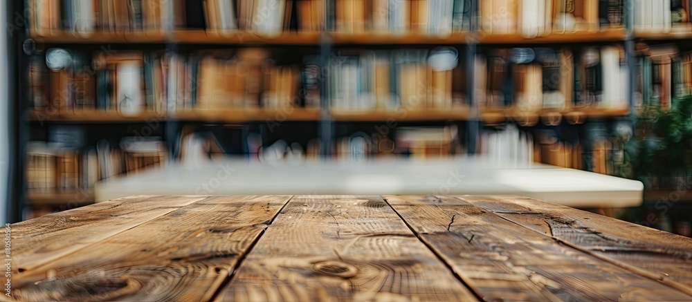 Aufkleber The wooden table is bare set against a blurred library backdrop offering ample copy space for showcasing products complemented by a lovely array of books