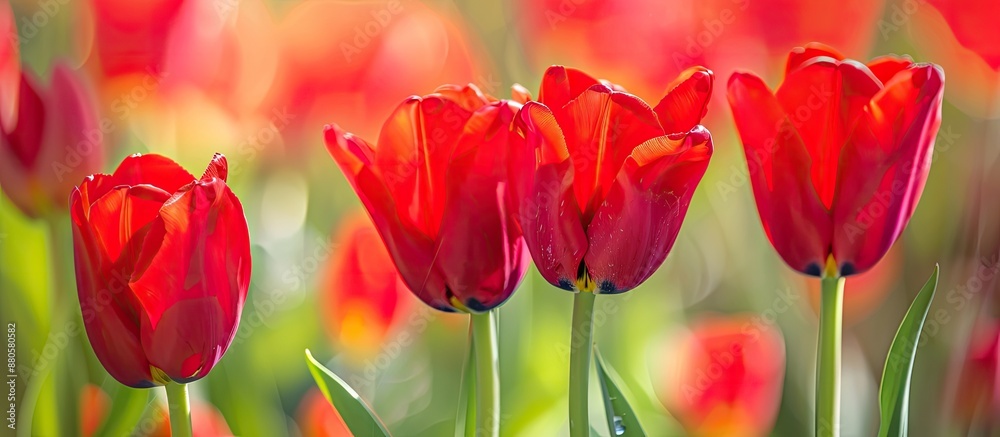 Poster Macro shot of vibrant red tulips ideal for a holiday card or background with ample copy space image for text overlay