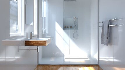 A modern bathroom with clean lines, a frameless glass shower, and minimalist fixtures emphasizing the elegance and simplicity of contemporary design Illustration, Image, , Minimalism,