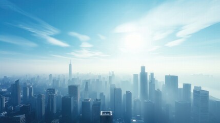City skyline with skyscrapers foggy sky blue white color theme sunlight shining through clouds wide-angle lens cityscape urban landscape buildings stand tall against backdrop of misty atmosphere