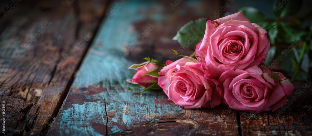 Poster beautiful pink roses on a wooden table with a background available for text or image insertion known