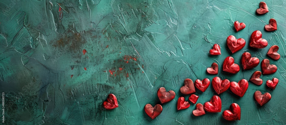 Aufkleber valentine s day card featuring red hearts on a green background with a copy space image available