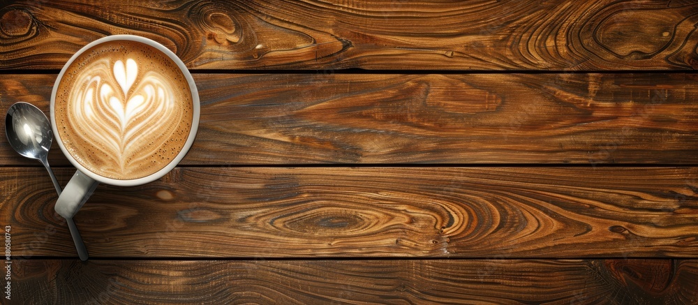 Aufkleber Latte art featuring a heart design on a wooden background for flat lay composition with room for text next to it in the image. copy space available