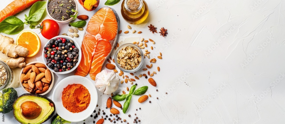 Poster Nutritious food displayed on a plain white background reflecting the concept of a healthy diet with ample copy space image
