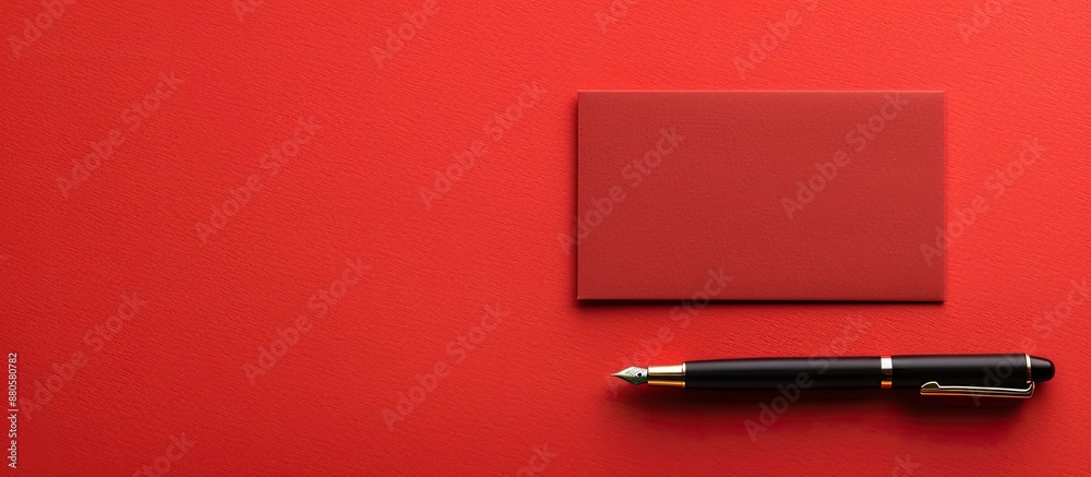 Poster A business card and pen on a red paper background create an appealing top view flat lay with ample copy space image