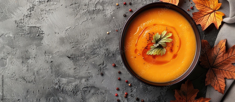 Poster view from the top of a fall themed vegetarian pumpkin cream soup perfect for the season with ample c