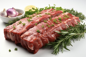 Fototapeta premium Raw lamb ribs with rosemary on white background