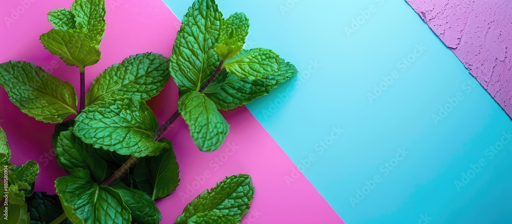 Aufkleber Fresh mint leaves on a colorful backdrop showcased from above with room for text or images in the frame. copy space available