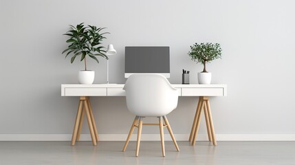 Fototapeta premium An elegant home office with a simple desk, ergonomic chair, and minimal decor creating a productive and aesthetically pleasing workspace Illustration, Image, , Minimalism,