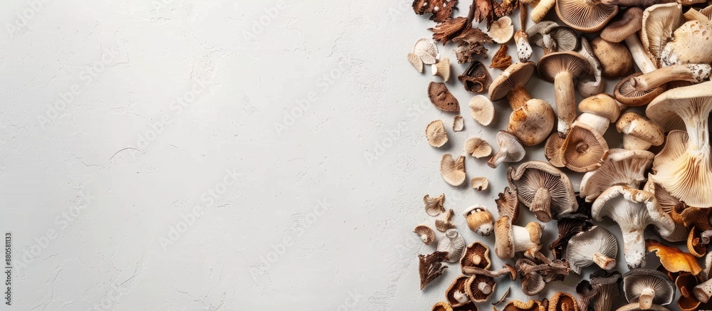 Aufkleber Empty table covered with a variety of dried mushrooms like porcini aspen and boletus on a white surface with clear space for text or images. copy space available