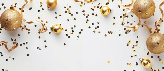 Festive Christmas flat lay with golden ornaments ribbons and confetti on a white surface perfect for text or images. copy space available