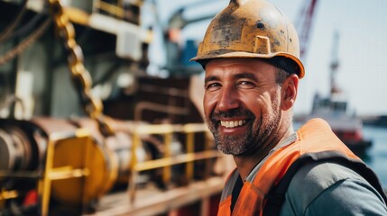Smiling worker on deck in front of huge cargo ship with equipment machinery behind him wearing safety helmet vest sea landscape cranes lifting gears around