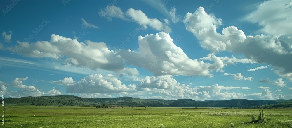 Poster Clouds in the sky above a tranquil landscape create an idyllic scene captured in the copy space image