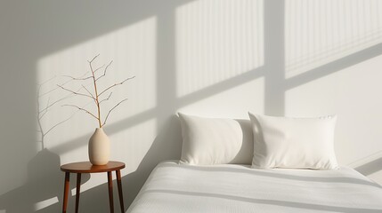 A serene bedroom with minimal furnishings and a calming color palette creating a peaceful and restful environment ideal for a good night's sleep Illustration, Image, , Minimalism,