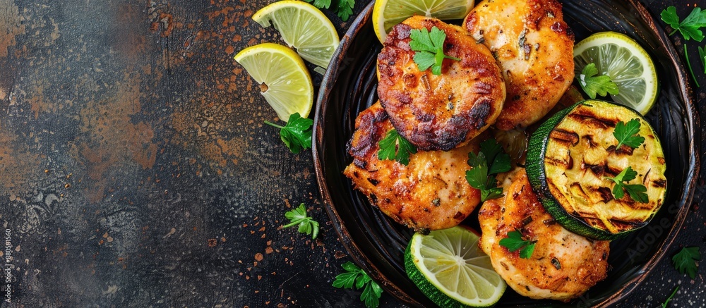 Poster Healthy food of chicken cutlet and zucchini displayed in a top view with copy space image
