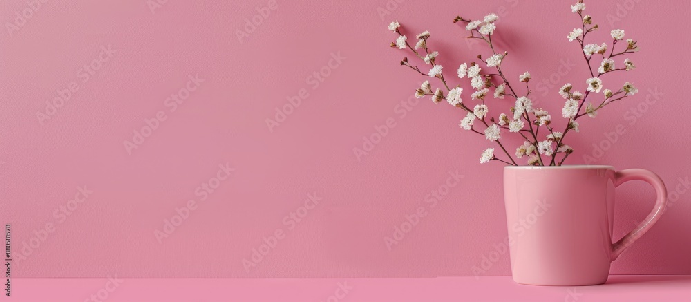 Poster pink cup with a white flower branch on a pink backdrop providing space for text or other elements in