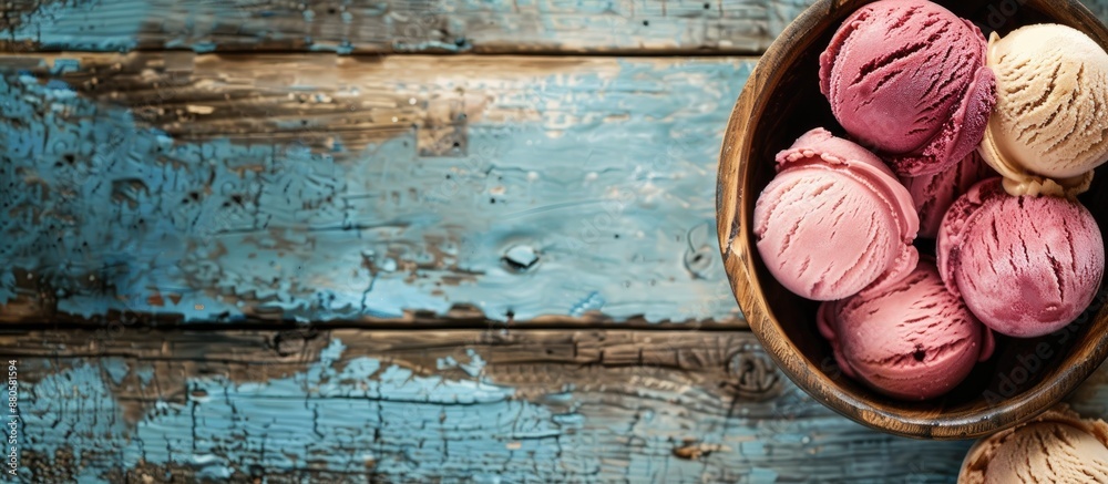 Poster Scrumptious ice cream scoops displayed on a rustic wooden surface with room for text or other elements in the image. copy space available