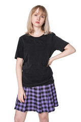 Fototapeta premium Png blonde girl mockup in black t-shirt and purple pleated skirt grunge fashion