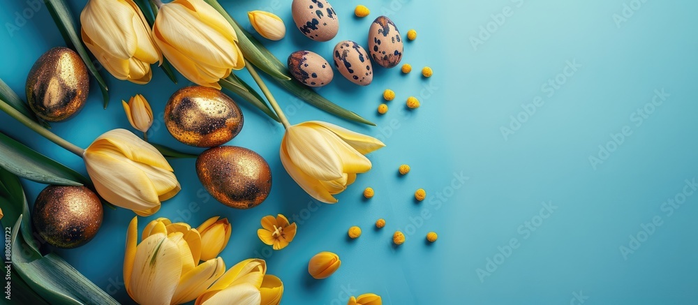 Poster a stunning composition with easter themed golden eggs yellow tulips and painted wooden eggs on a blu