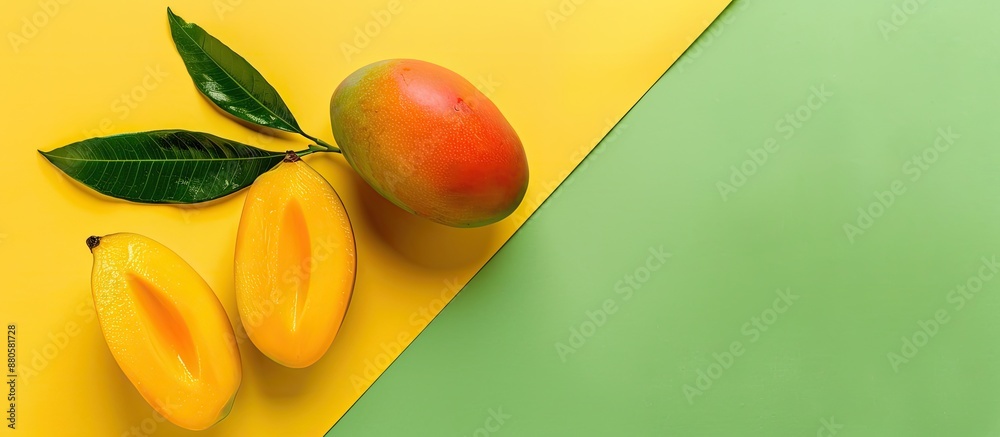 Aufkleber Top view of fresh ripe mango slices and whole mango on a split yellow and green background ideal for a copy space image