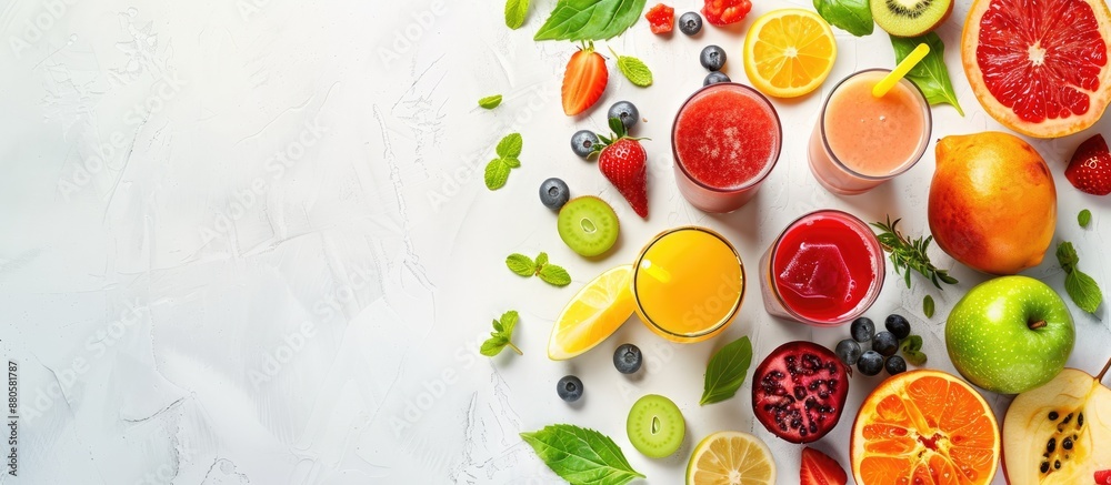 Poster top down view of fresh smoothies and juices made with a variety of fruits and vegetables against a b
