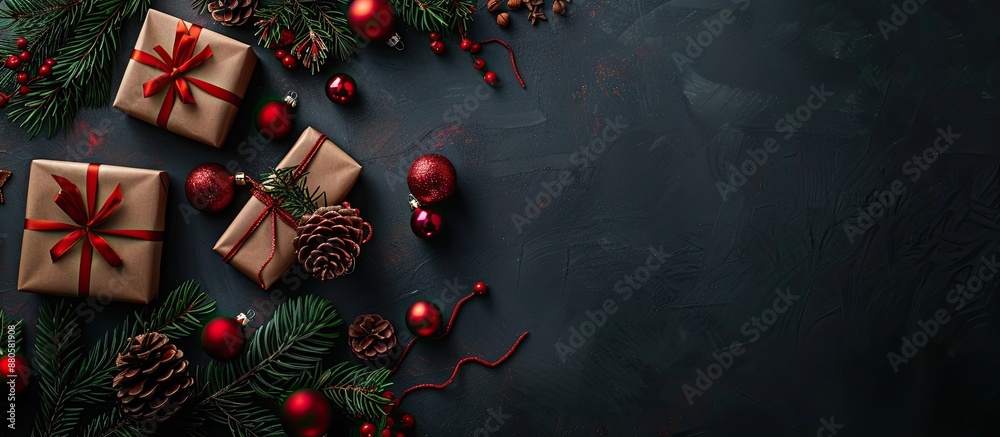 Aufkleber top down view of christmas decorations presents and fir branches on a dark table for a copy space im
