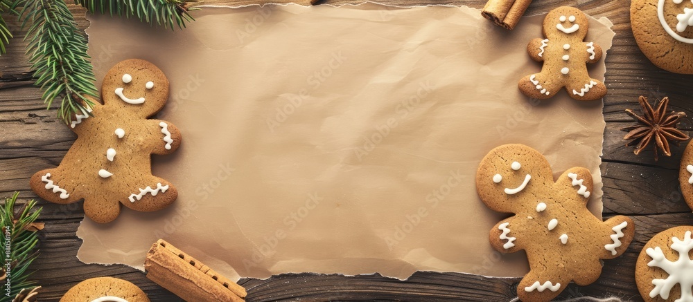 Poster top view of a gingerbread christmas cookie with blank paper for copy space image