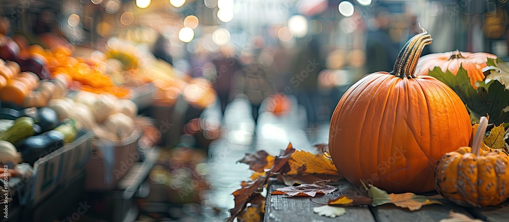 Poster Concept of fall feasts and markets with an orange pumpkin in a shopping setting featuring a thematic display with copy space image