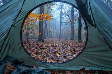 View from foggy forest camping tent.