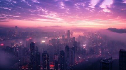 Purple sunrise over city with view from above skyline Skyscrapers bay are visible in background misty ethereal dreamlike scene with cyberpunk aesthetic