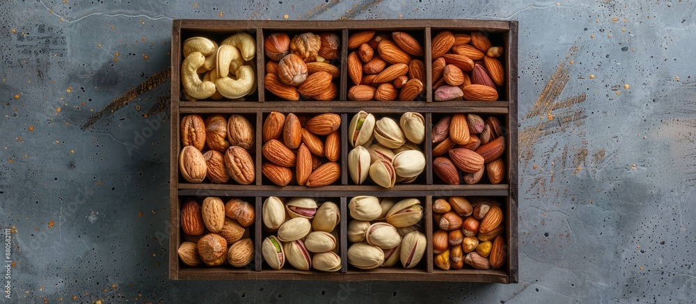 Aufkleber Assorted nuts displayed in a paper box on a table backdrop Close up view with copy space image for walnut pistachios almonds hazelnuts and cashews