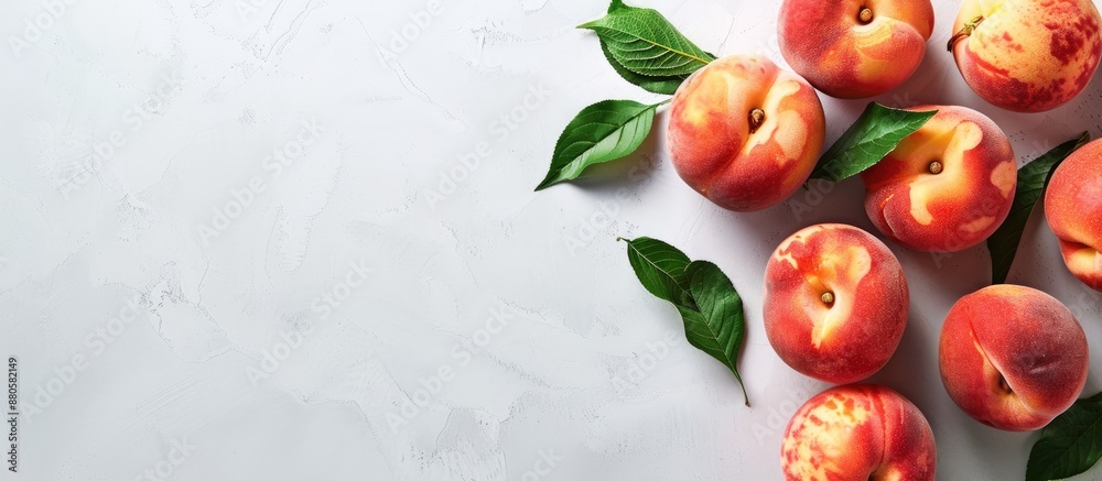 Poster Fresh peaches displayed on a white table with copy space image