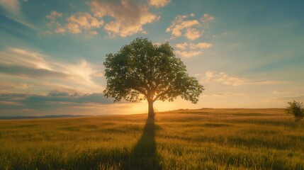 Lone tree in middle of open field at sunset beautiful sky clouds in background sun is setting behind casting long shadows on branches leaves green grass all around the tree