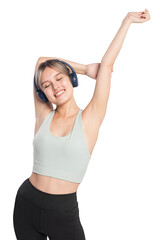 Woman png mockup listening to music from headphones