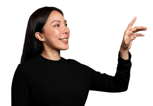 Woman gesture png mockup pressing  on an invisible screen
