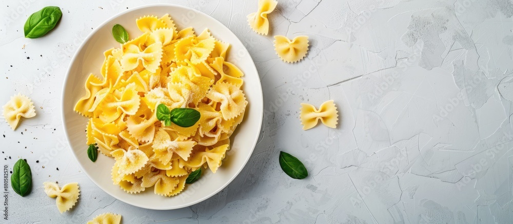 Poster top view of homemade ptitim pasta in a bowl on a light background with ample copy space image