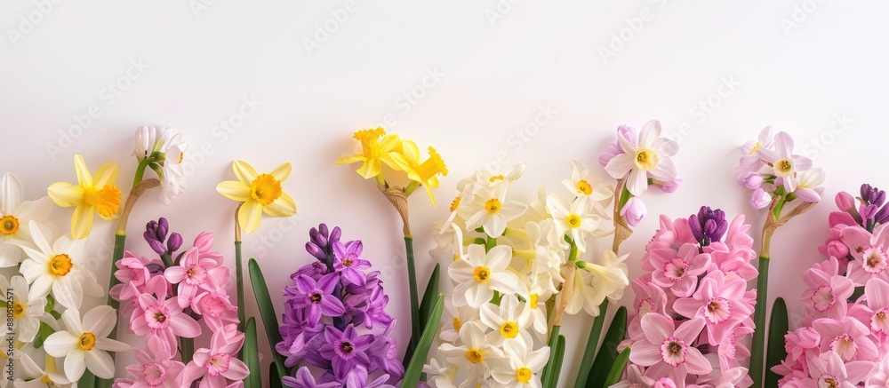 Poster white background with narcissus and pink violet hyacinths ideal copy space image