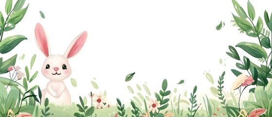 Obraz premium Cute Cartoonish Happy Rabbit in Garden with Season Themed Frame Border Design