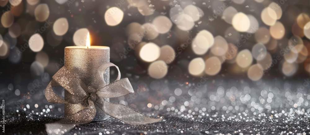 Leinwandbilder A silver candle for Christmas and New Year with a curly ribbon bow decoration placed on a glittering bokeh background perfect for adding text in the copy space image